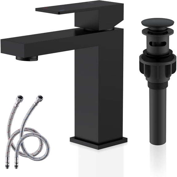 Matte Black Single Handle Bathroom Sink Faucet with Pop Up Drain Stopper and Water Supply Hoses Short