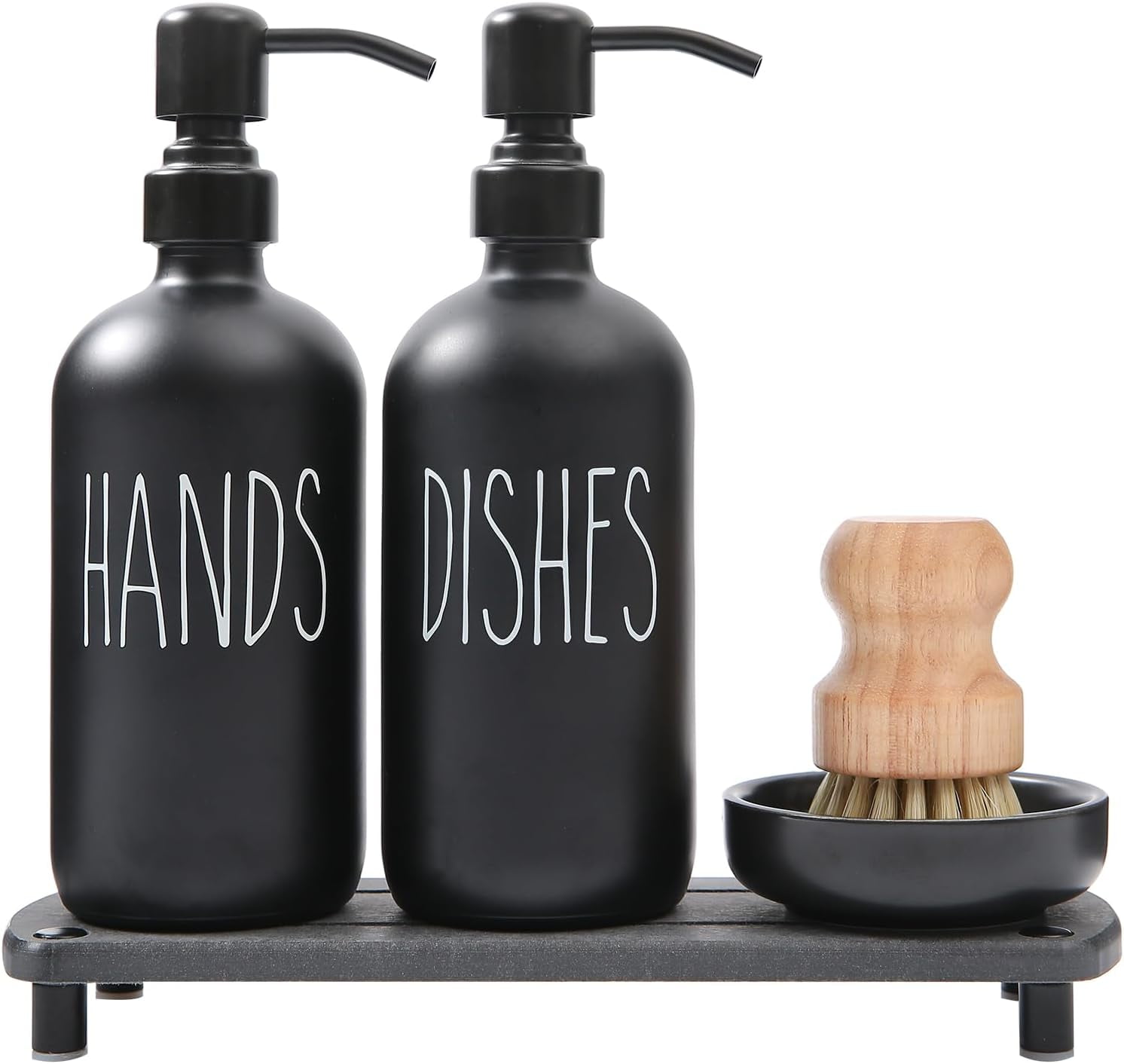 Matte Black Soap Dispenser Set Comes with Stainless Steel Pumps, Instant Dry Tray, and Dish Scrub Brush, Suitable for Matte Black Kitchen Accessories. (Black)