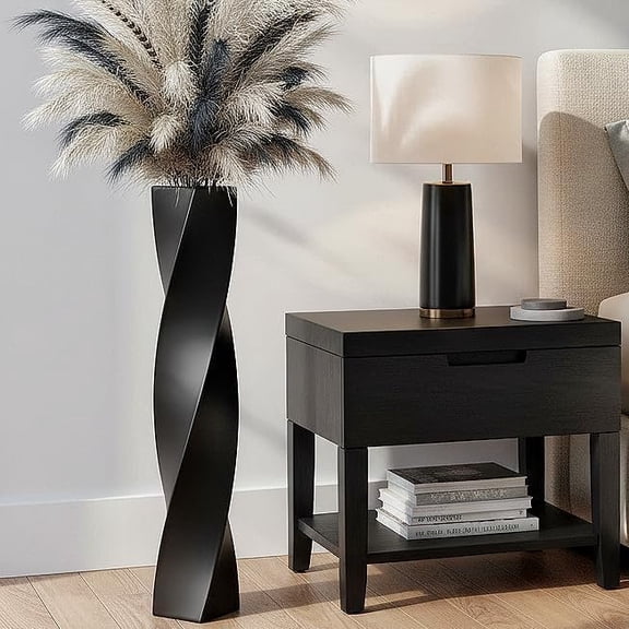 Matte Black Square Twisted Tall Floor Vase 27.5 Inch, Modern Decorative Vase for Dried Pampas Grass Branches, Heavy Base Solid Color Cylinder Vase for Living Room Entryway