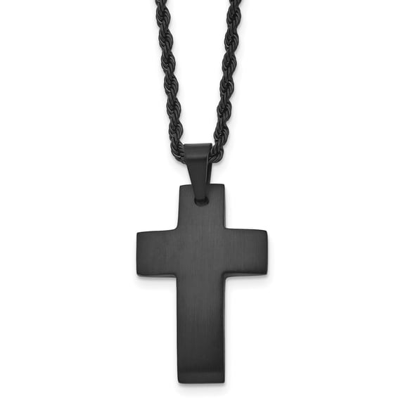 Matte Black Stainless Steel Cross Pendant Necklace for Men with Rope Chain Modern Minimalist Brushed Metal Finish Bold Masculine Design Spiritual Fashion Statement Jewelry for Casual or Formal Wear