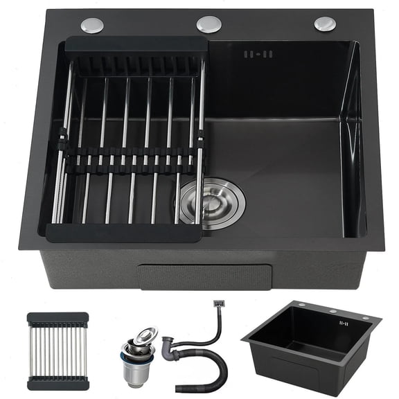 Matte Black Stainless Steel Drop In Kitchen Sink Single Bowl Kitchen Basin with Drain Kit