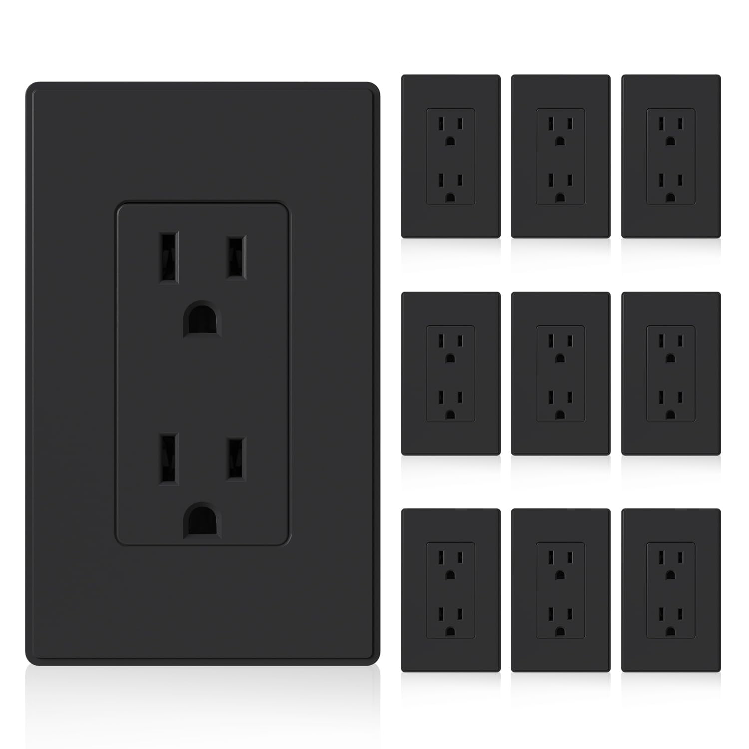 Matte Black Standard Decorator Electrical Wall Receptacle Outlet, 15A 125V, 2 Pole 3 Wire, Non-Tamper Resistant, NEMA 5-15R, Self-Grounding, Wall Plate Included, UL Listed, 10 Pack