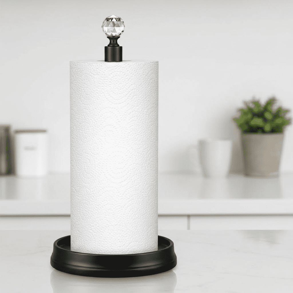 Matte Black Steel Paper Towel Holder for Kitchen Countertops, Bars and Dining Tables with Crystal Accent, Compatible with Standard and Jumbo Rolls