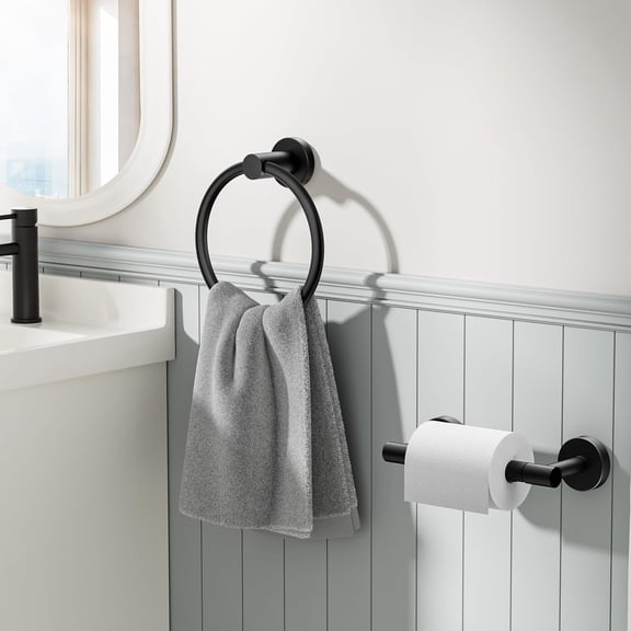 Matte Black Toilet Paper Holder and Hand Towel Ring Set, SUS304 Stainless Steel Double Post Pivoting Wall-Mounted Tissue Roll Holder, Bathroom & RV Hardware