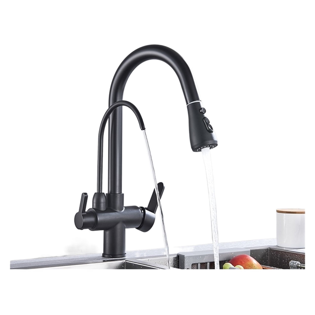 Matte Black Touch Kitchen Faucet With Pure Water Function Dual Handle Tap Deck Mounted 360 Rotation Pull Out Hot Cold Mixer Taps