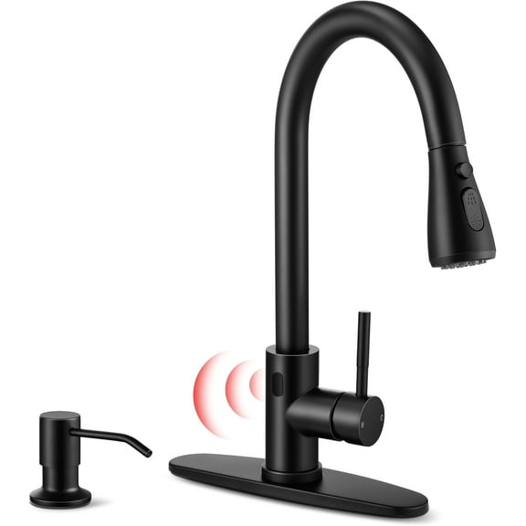Matte Black Touchless Kitchen Faucet with Soap Dispenser &Deck Plate,  Single Handle Stainless Steel Activated Smart Hands Free Faucets with Pull Down Sprayer for Farmhouse RV Kitchen Sink