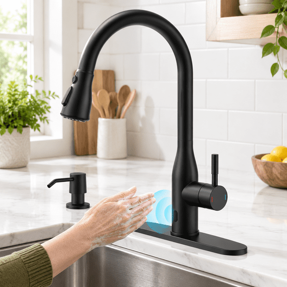 Matte Black Touchless Kitchen Faucet with Sensor and Soap Dispenser, 17.36 x 13.27 x 2.72 in