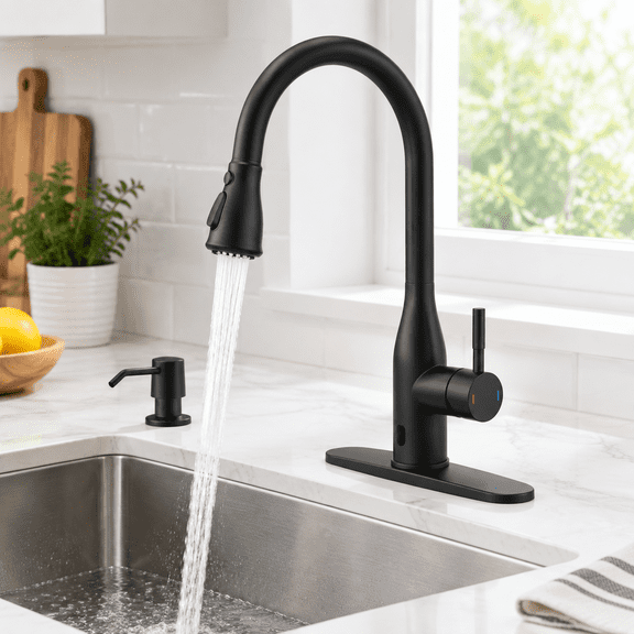 Matte Black Touchless Kitchen Faucet with Sensor and Soap Dispenser