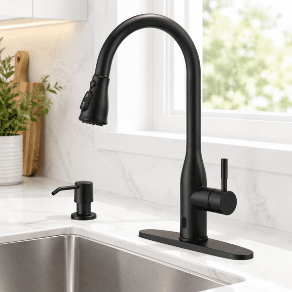 Matte Black Touchless Kitchen Faucet with Sensor and Soap Dispenser
