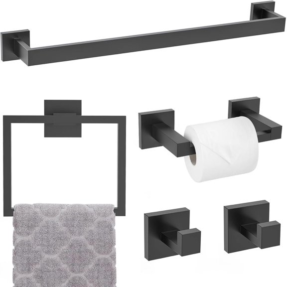 Matte Black Towel Bar Set 5- Bathroom Hardware Accessories Set,23.6 Inch Modern Towel Holder Set SUS304 Stainless Steel Towel Rack Set for Bathroom,Wall-Mounted
