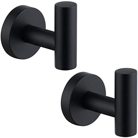Matte Black Towel Hook 2 PCS, Stainless Steel Kitchen Bathroom Towel Holder, Round Coat Robe Hanger for Wall
