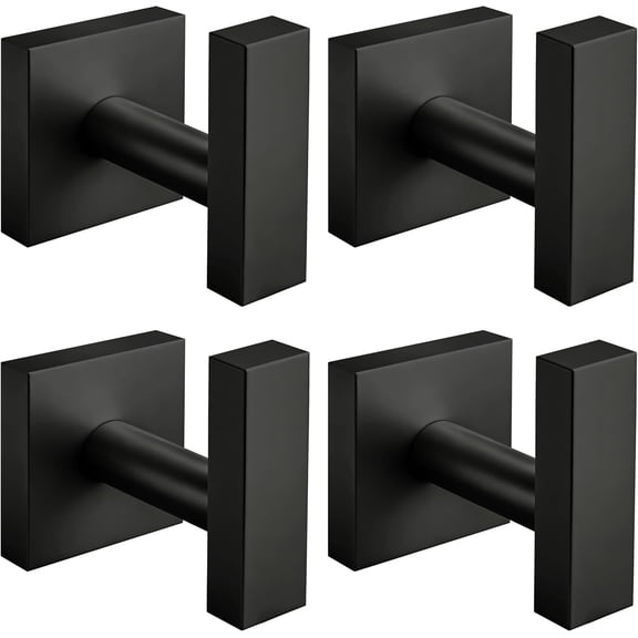 Matte Black Towel Hooks for Bathrooms, SUS304 Stainless Steel Shower Towel Hooks, Heavy Duty Robe Hook for Bathroom Kitchen, Square Coat Hooks for Hanging Towels,Coat,Robe&Sponge, Wall Mounted, 4Pack