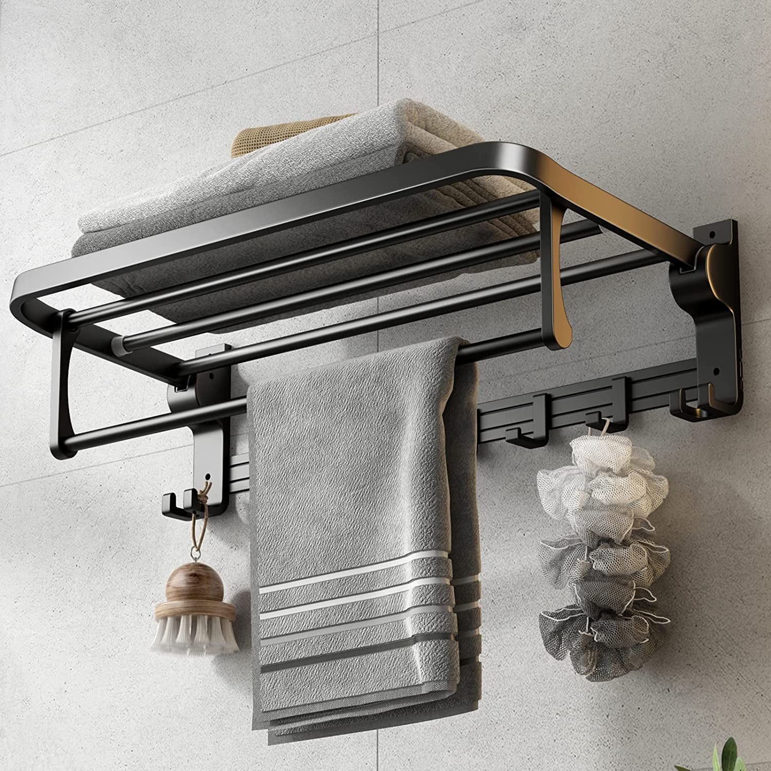 Matte Black 24 Inch Wall Mounted Towel Rack with Shelf and Hooks