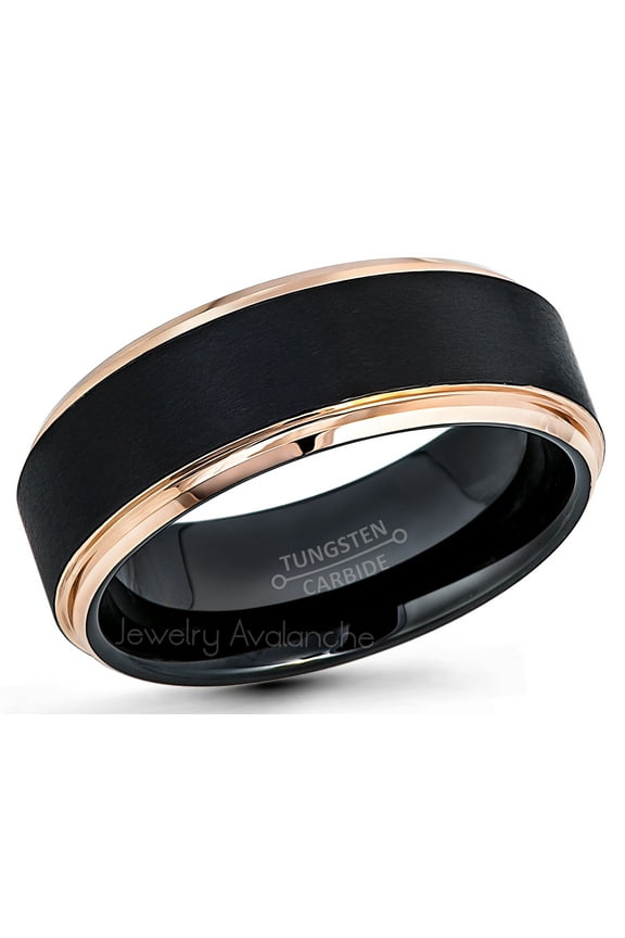 Matte Black Tungsten Wedding Band Black & Rose Gold Stepped Edge Tungsten Carbide Mens Anniversary Ring #779WFSs10