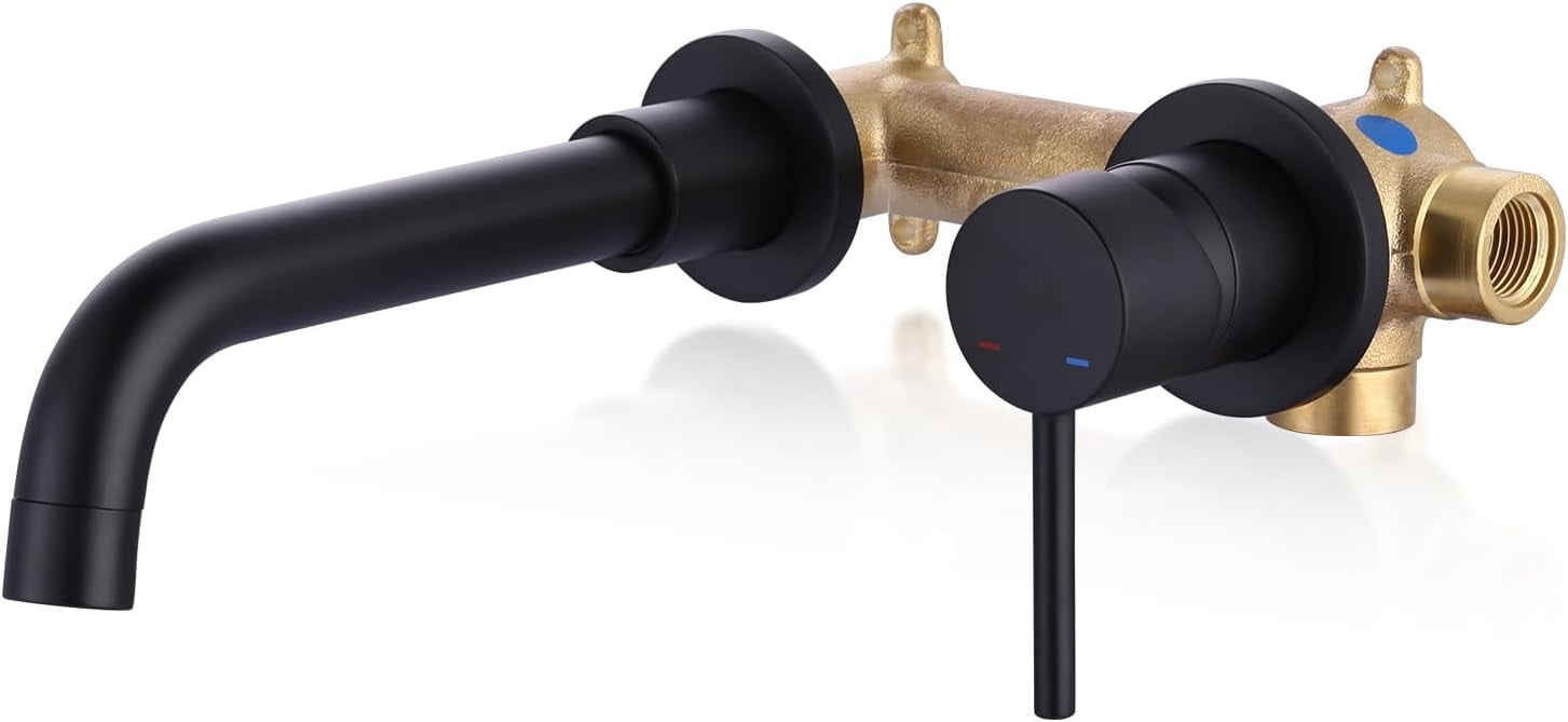Matte Black Wall-Mounted Bathroom Faucet with Brass Valve