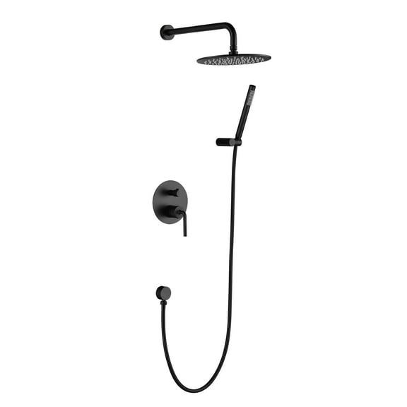 Matte Black Wall Mounted Shower System With 9.84" Round Rainfall Showerhead And Handheld Shower Rough-In Valve, Bathroom Mixer Shower Combo Set