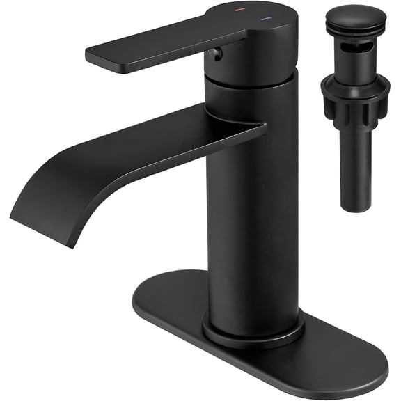 Matte Black Waterfall Bathroom Faucet, Single Handle 1 or 3 Hole Modern Sink Faucet with Deck Plate & Pop-Up Drain, RV Camper Washbasin Tap