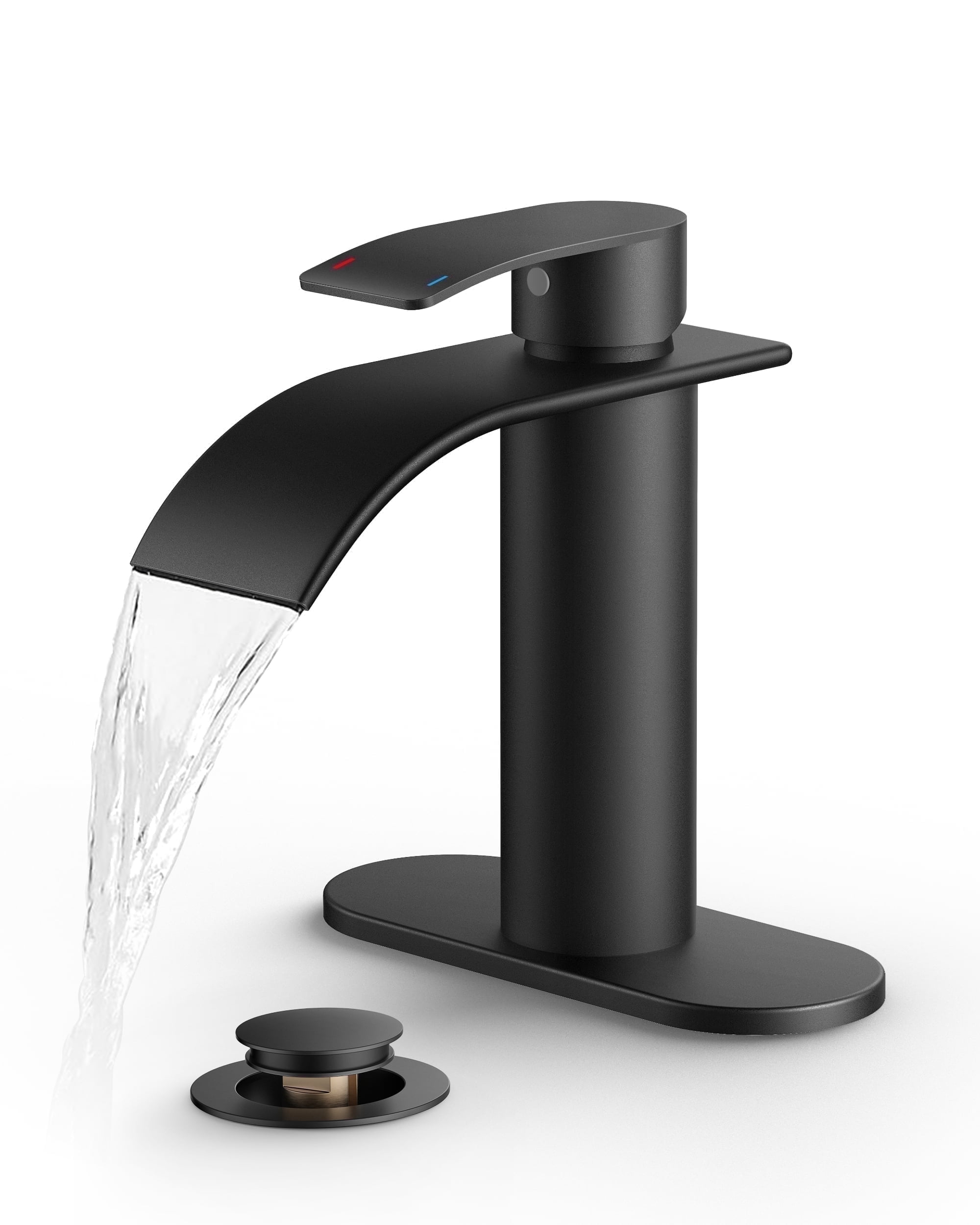 TVOFEK Waterfall Bathroom Faucet 1 or 3 Hole, Black Single Handle Bathroom Sink Faucets with Metal Pop up Drain and Deck Plate for Vanity Basin RV Lavatory