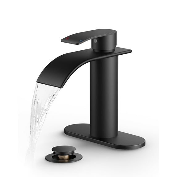 TVOFEK Waterfall Bathroom Faucet 1 or 3 Hole, Black Single Handle Bathroom Sink Faucets with Metal Pop up Drain and Deck Plate for Vanity Basin RV Lavatory