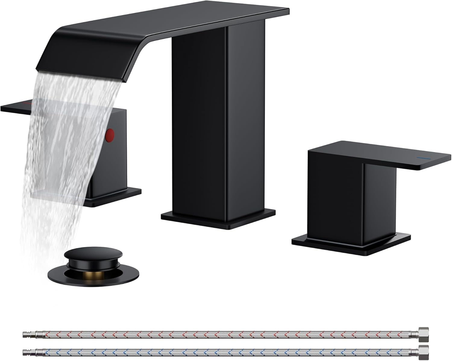 Bathroom Faucets 3 Hole,Matte Black 8 Inch Widespread Bathroom Sink Faucet Waterfall Spout, with Pop Up Drain and Water Supply, Suitable for Vanity Rv Commercial Lavatory Restroom