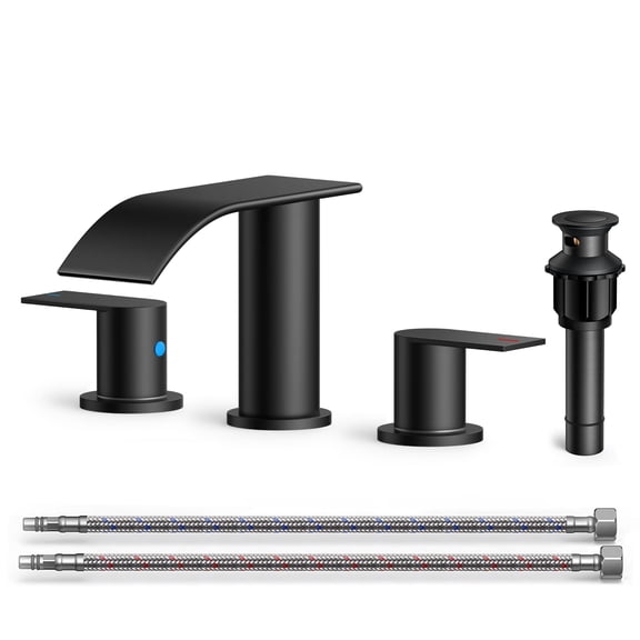 TVOFEK 8 inch Waterfall Bathroom Faucet 3 Hole, Black Widespread Bathroom Water Faucets with Metal Pop-up Drain and Supply Lines for Vanity Farmhouse, Stainless Steel Faucets