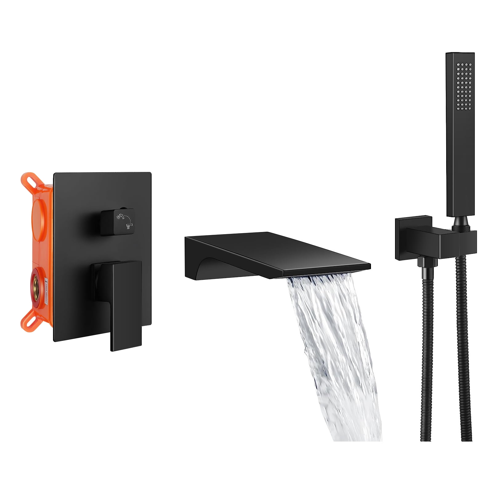 Matte Black Waterfall Wall Mount Bathtub Faucet, Modern Solid Brass Bathtub Shower Faucet Set with Roughing Valve