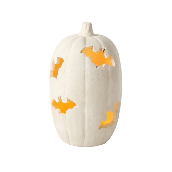 Matte Black and White Bat Cutout Pumpkin Luminaries - Light Up Halloween Tabletop Decor - Spooky Carved Hollow Resin Pumpkin Statues for Fireplace Mantel and Autumn Indoor Centerpieces