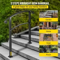 Matte Black Wrought Iron Step Handrail | Non-Adjustable Transitional Rail for 1 or 3 Outdoor Steps with Installation Kit