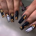 thumbnail image 1 of Matte Black Yellow Floral Extra Long Halloween Press On Nails 24Pcs, Ghost White Spooky Fake Nails Set, Reusable False Nails for Gothic Party Fall Daily Wear Women Girls, 1 of 8