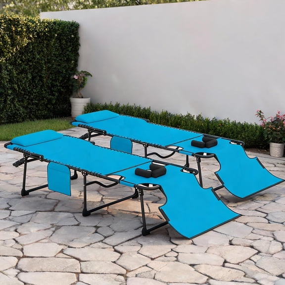 Matte Black and Blue Mesh Folding Chaise Lounge Chairs, 2-Piece Set for Poolside Lounging and Tanning