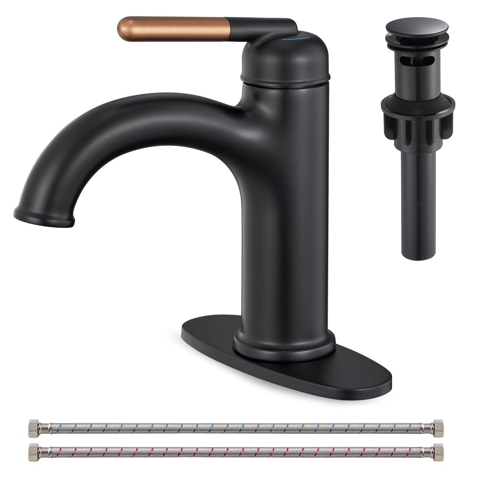 Wowkk Bathroom Faucet Rose Gold Matte Black Bathroom Sink Faucets Single Handle Vanity Faucet Pop-Up Drain Included, Modern RV Faucet with Water Supply Line and Deck Mount 1 Hole or 3 Hole