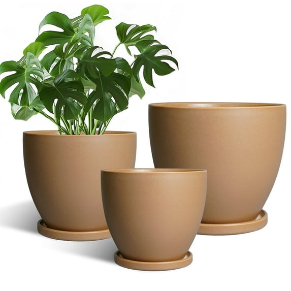 Round Flower Pots 10/8/6 inch for Indoor Plants with Saucer Modern Ceramic Planter for Live Houseplants Christmas Gift Matte Brown