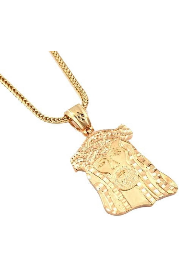 Matte Brushed Metallic Finish Fashion Gold Tone Jesus Face Pendant free 36" Chain