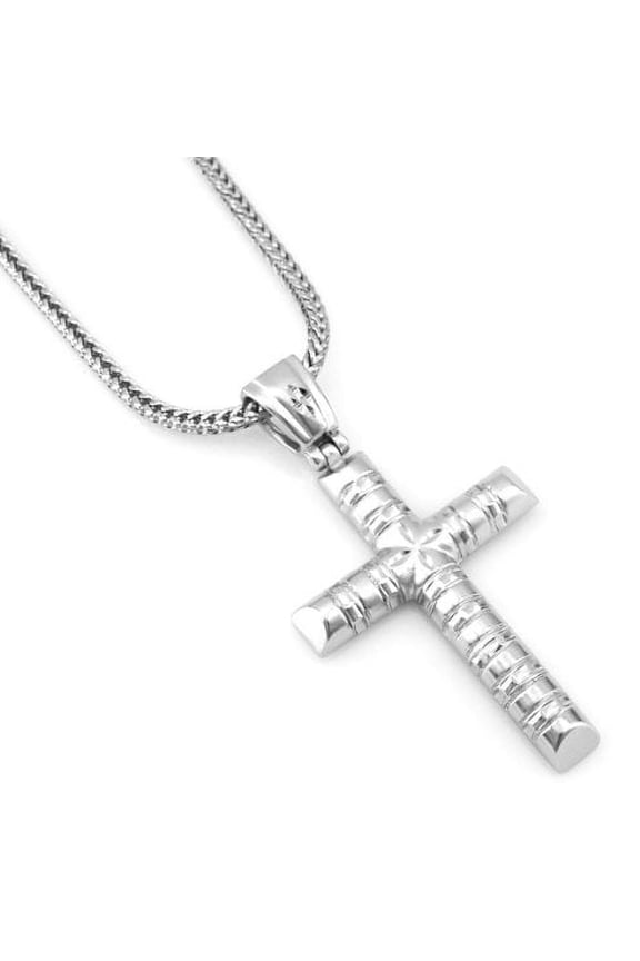 Matte Brushed Metallic Finish Silver Tone Log Cross Pendant free 36" Chain