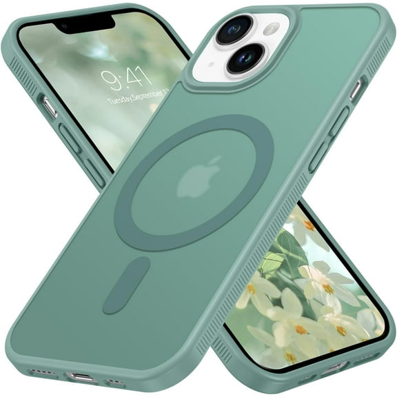 Matte Case for iPhone 13, iPhone 14 Case Magnetic[Compatible with Magsafe], Anti-Slip Shockproof Military Grade Drop Protection, Frosted Translucent Back Phone Cover Green