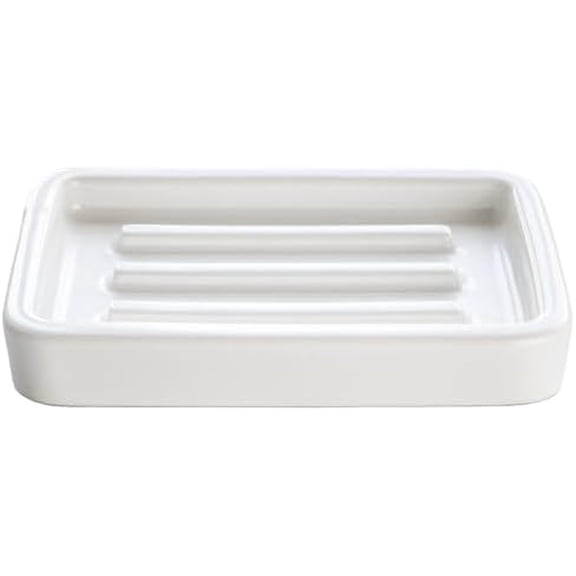 Matte Ceramic Soap Dish with Raised Ridges, Rectangle Bar Soap Holder for Bathroom Counter, Shower and Kitchen Sink, White
