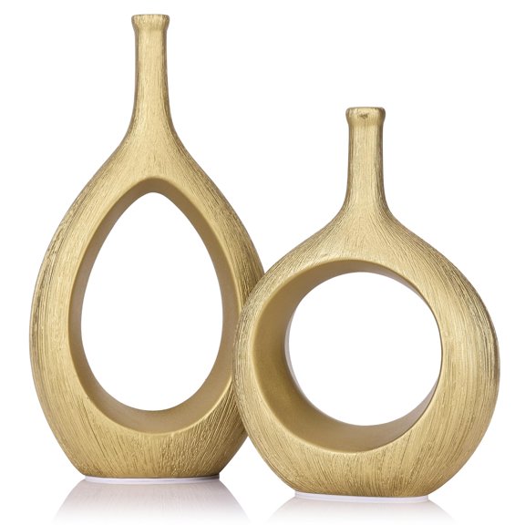 Matte Ceramic Vase Set of 2 Luxury/F Ribbed Hollow Modern Farmhouse Decorative Vases