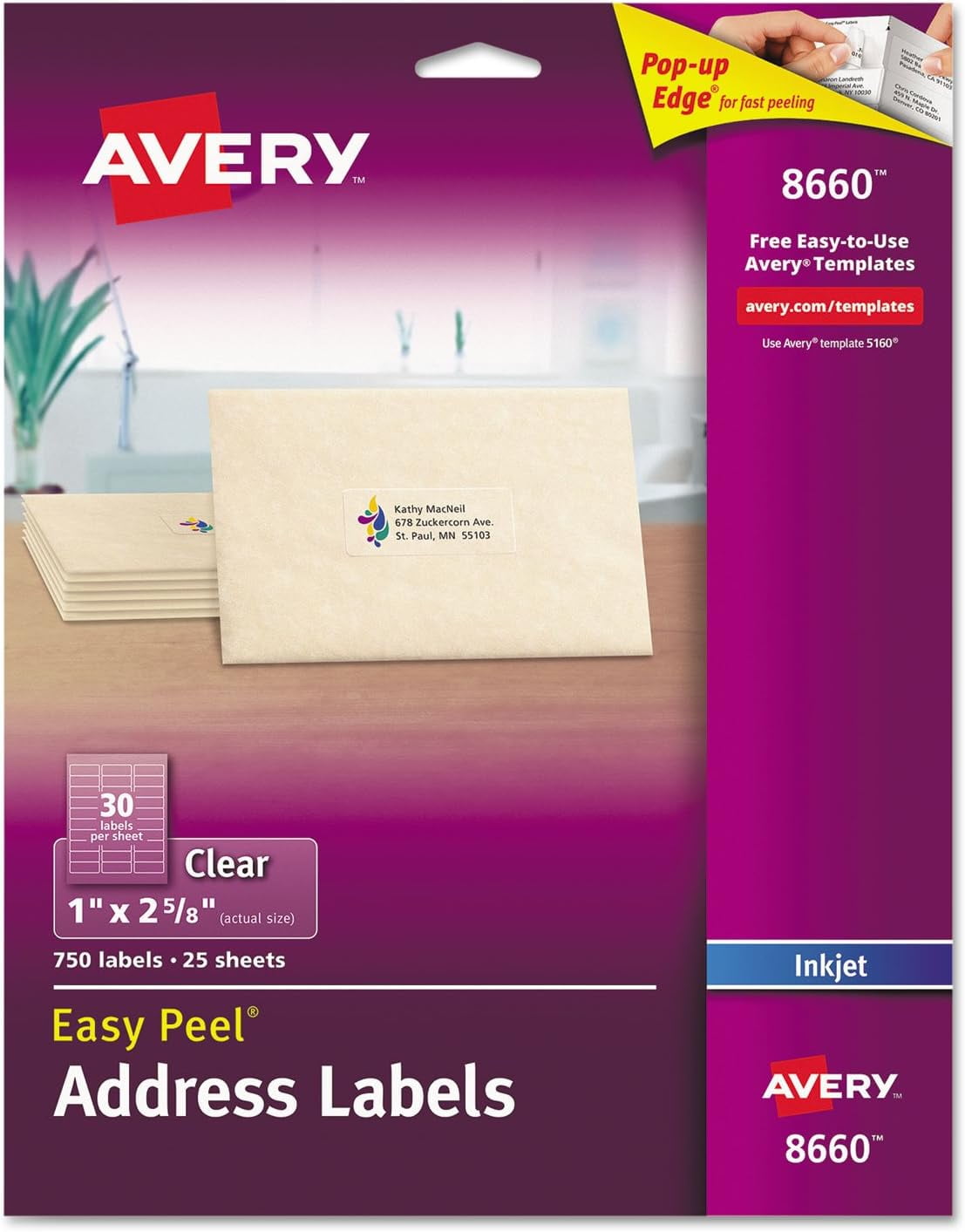 Avery Matte Clear Easy Peel Mailing Labels w/ Sure Feed Technology, Inkjet Printers, 1 x 2.63, Clear, 30/Sheet, 25 Sheets/Pack (8660)