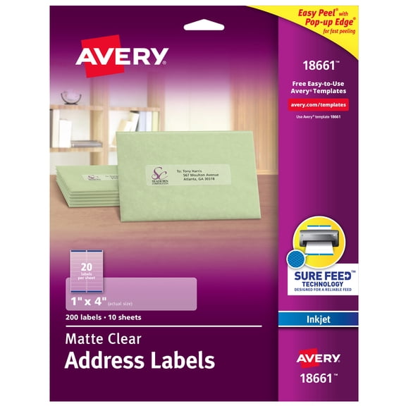 Matte Clear Easy Peel Mailing Labels W/ Sure Feed Technology, Inkjet Printers, 1 X 4, Clear, 20/sheet, 10 Sheets/pack | Bundle of 5 Packs