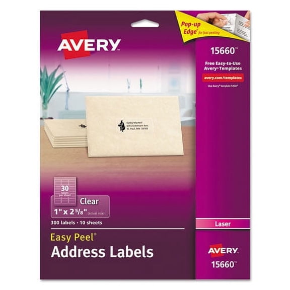 Matte Clear Easy Peel Mailing Labels W/ Sure Feed Technology, Laser Printers, 1 X 2.63, Clear, 30/sheet, 10 Sheets/pack | Bundle of 10 Packs