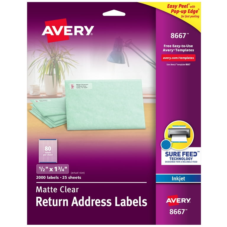 Matte Clear Easy Peel Mailing Labels with Sure Feed Technology, Inkjet Printers, 0.5 x 1.75, Clear, 80/Sheet, 25 Sheets/Pack
