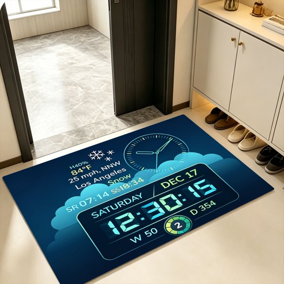 Matte Dark Blue All-in-One HUD Analog Clock Snow Wind Weather Doormat, Kitchen Backyard Entry Rug, Halloween Soft Minimalist Winter Digital Dashboard Decor Gift