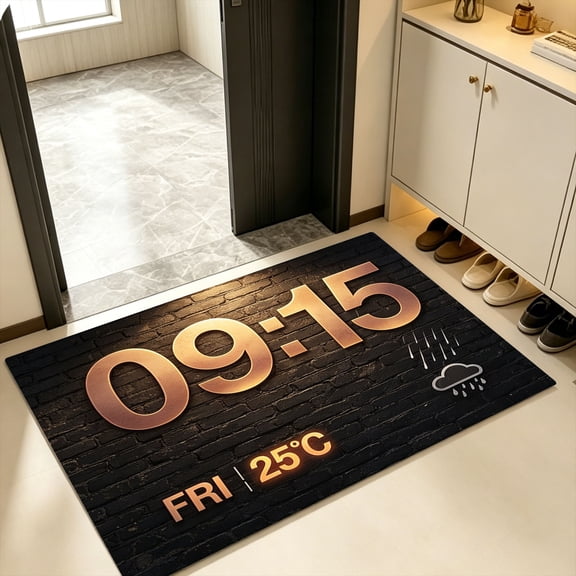 Matte Dark Brick Copper 3D Neon Clock Rain Temp Doormat, Kitchen Backyard Entry Rug, Halloween Industrial Retro Vintage Neon Tech Decor Gift