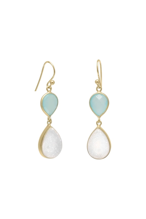 Matte Finish Gold-Flashed Ster. Silver French Wire Earrings Pear Green Chalcedony White Druzy Drops