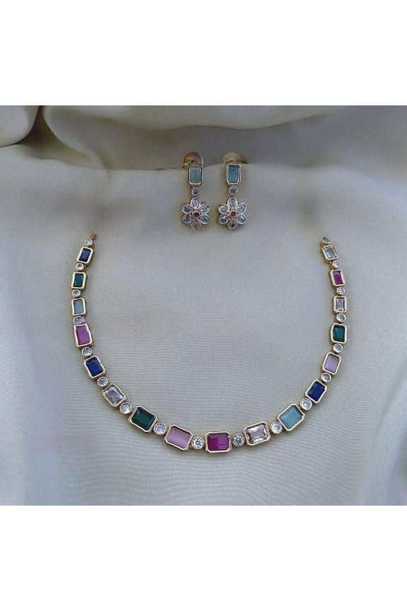 Matte Finish Gold Plated Choker Necklace Set - Indian Wedding Jewelry with Ruby, Green Stones & White Pearls, High-Quality Jewelry Set for Women