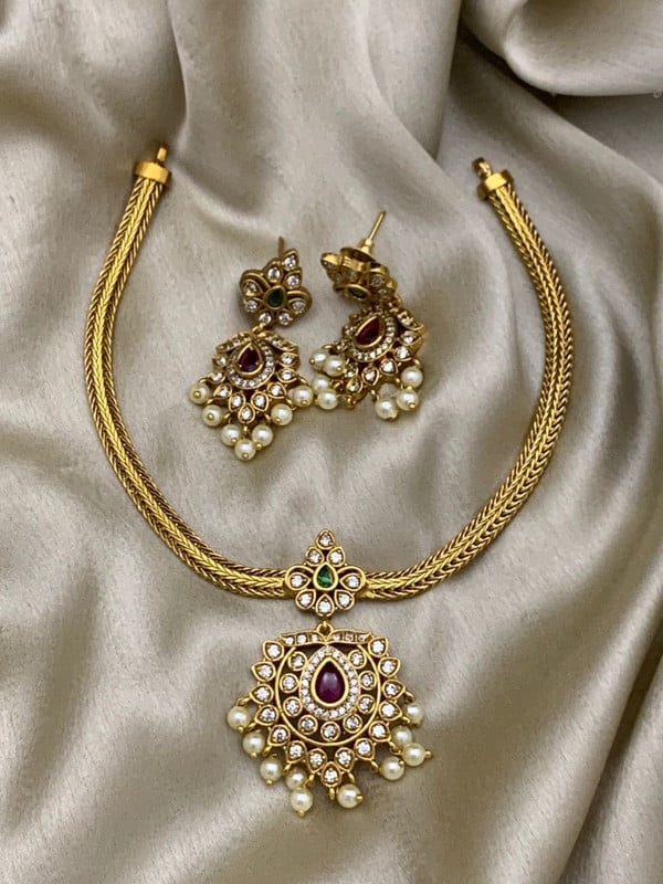 Matte Finish Gold Plated Choker Necklace Set - Indian Wedding Jewelry with Ruby, Green Stones & White Pearls, High-Quality Jewelry Set for Women