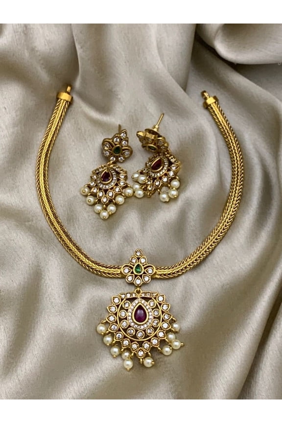 Matte Finish Gold Plated Choker Necklace Set - Indian Wedding Jewelry with Ruby, Green Stones & White Pearls, High-Quality Jewelry Set for Women
