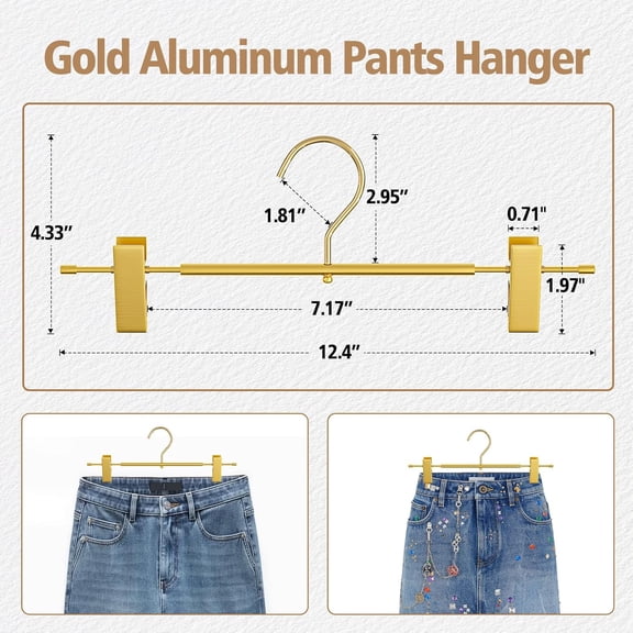 Matte Gold Aluminum Pants Hangers with 360 ° Swivel Hooks & Non-Slip Adjustable Clips, Lightweight, , Space-Saving Closet Organizer for Trouser, Skirts, Jeans, Scarvf, Kids&Adults, 20 Pack