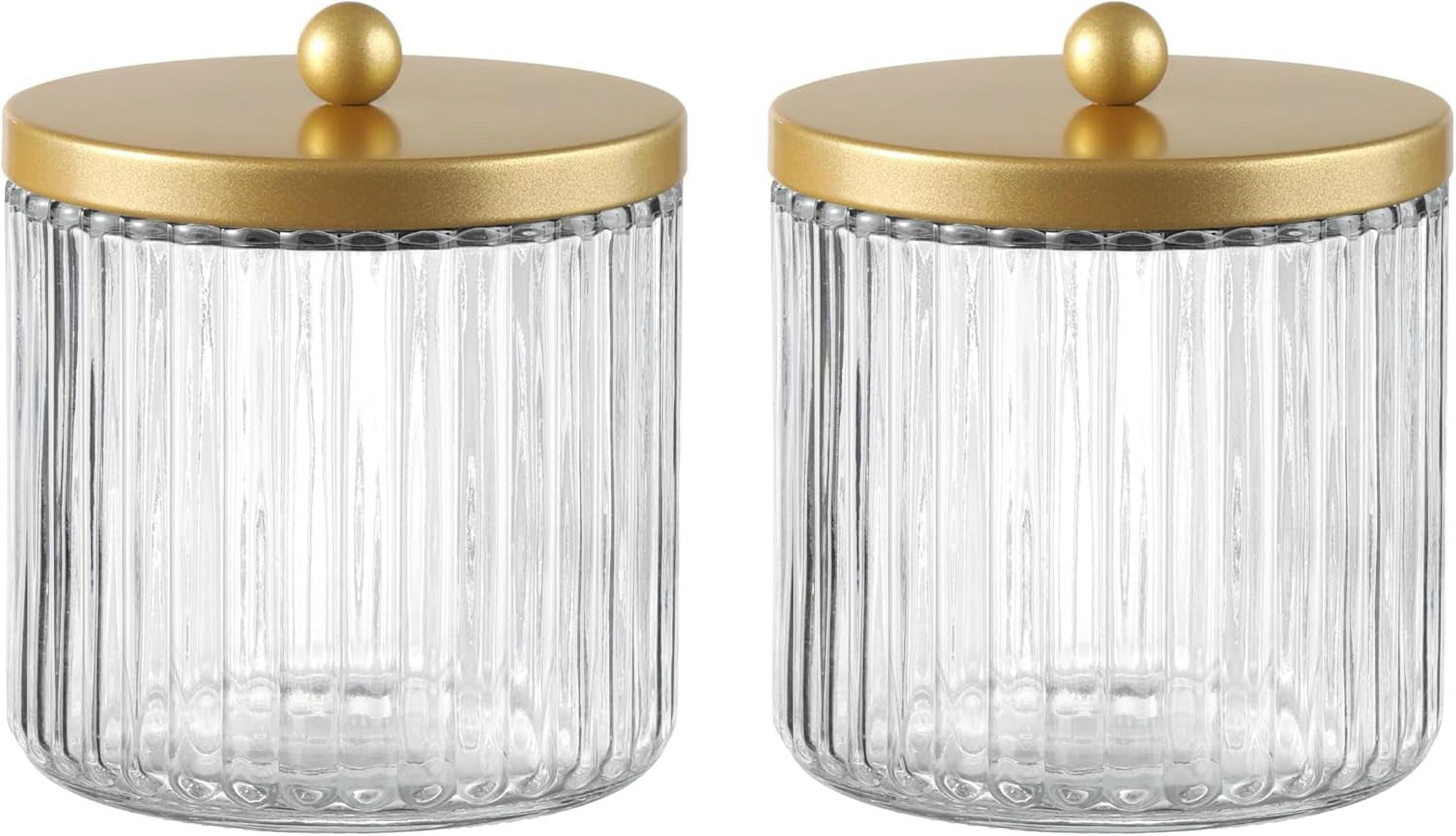 Matte Gold Set of 2 Glass Qtip Holder Dispenser Set for Cotton Ball, Swab, Round Pads, Floss Picks - Bathroom Canister Storage Organization and Vanity Makeup Organizer