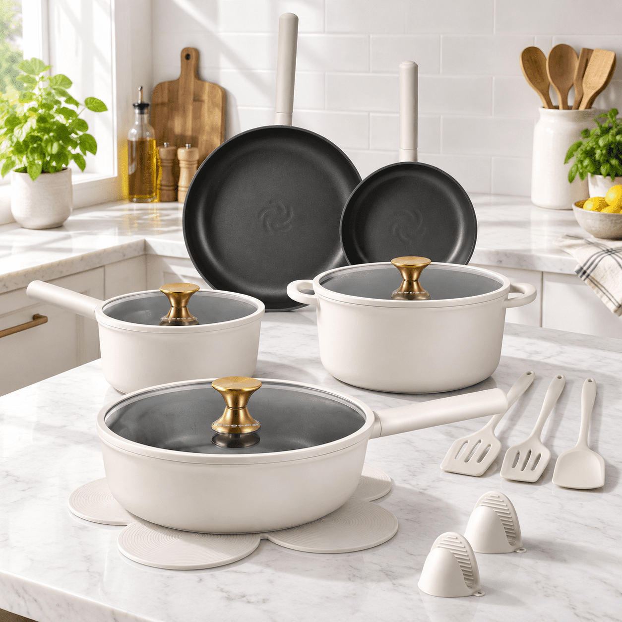 Matte Gray 17-Piece Non-Stick Titanium Cookware Set for All Stovetops ...